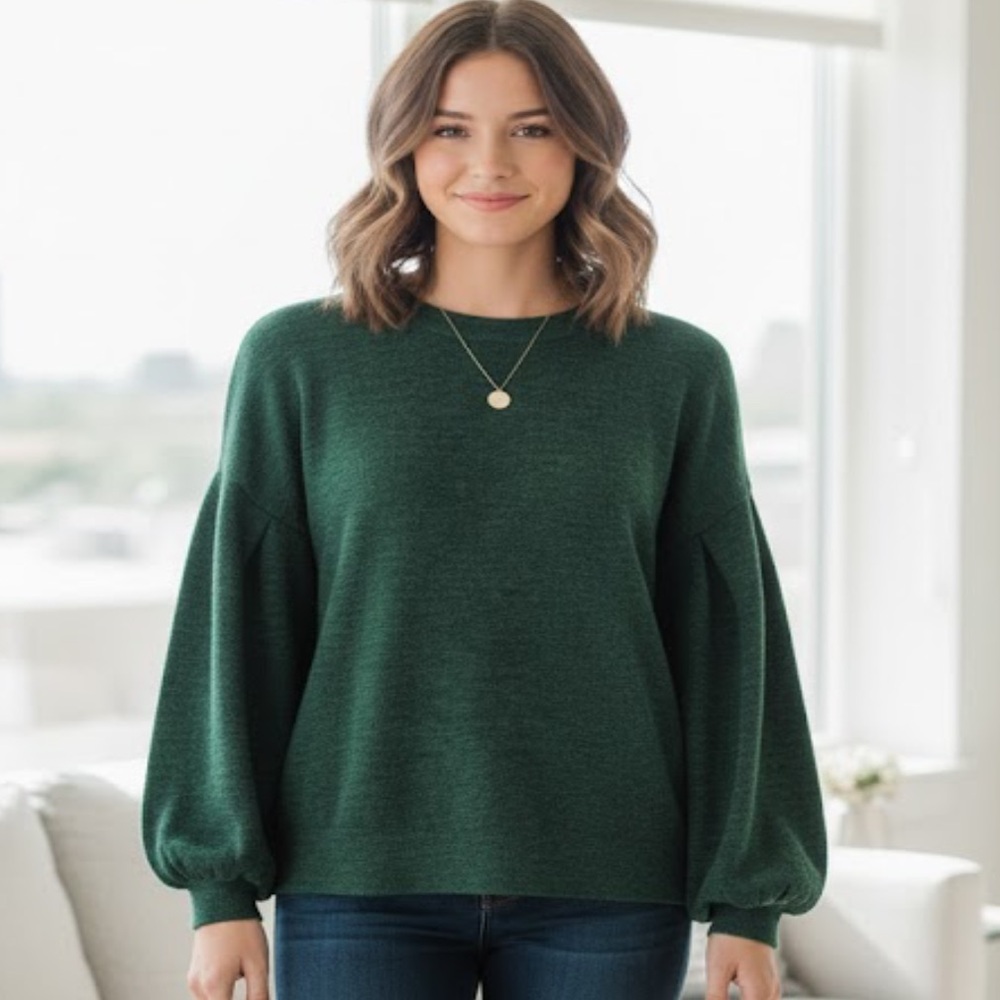 Forest Green Balloon Sleeve Knit Sweater | Pleated Puff Shoulder Pullover M